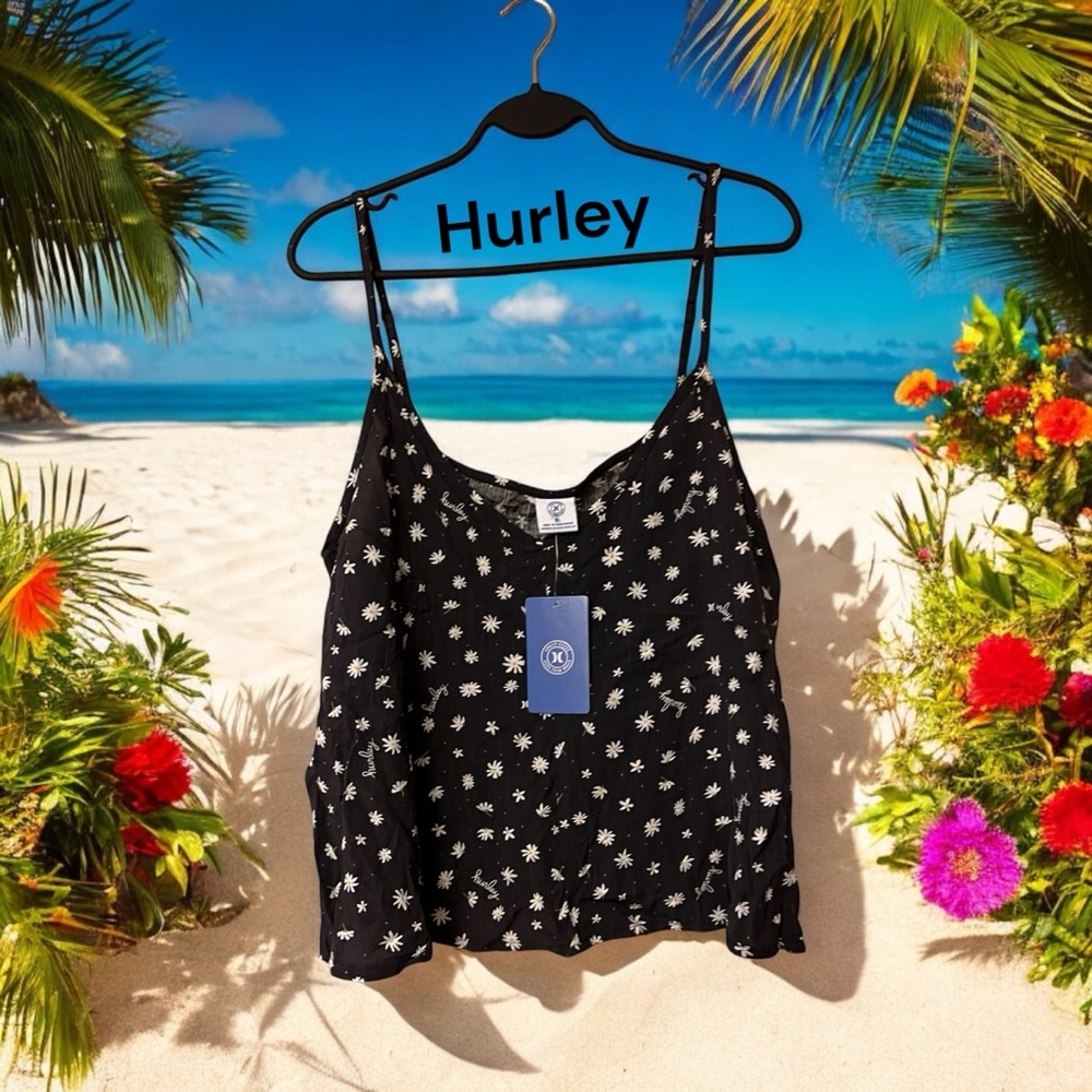 NWT Hurley Black with White Daisy Print Halter Top